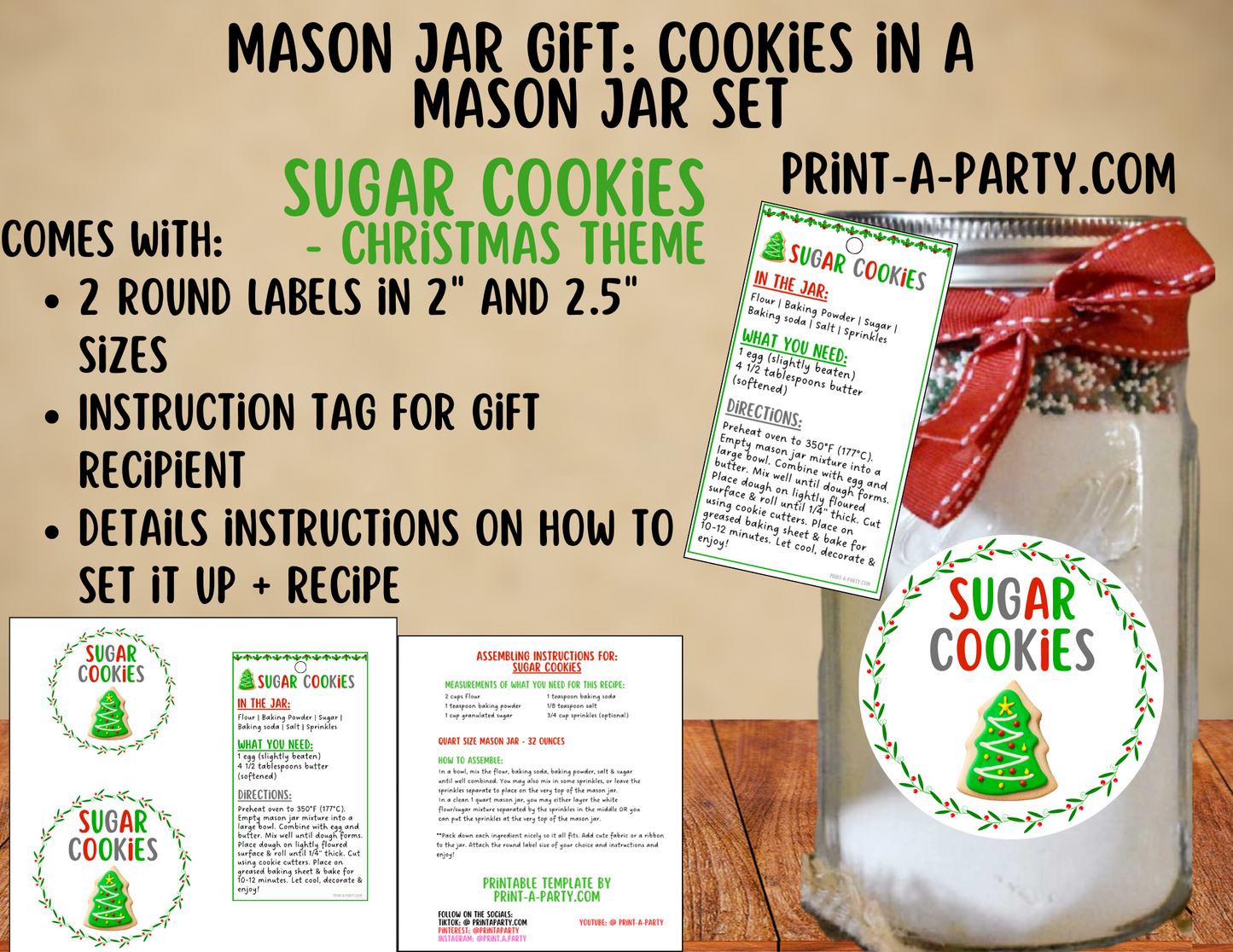MASON JAR GIFT: Sugar Cookies in a Mason Jar Printable Kit - perfect holiday gift idea for family friends coworkers neighbors