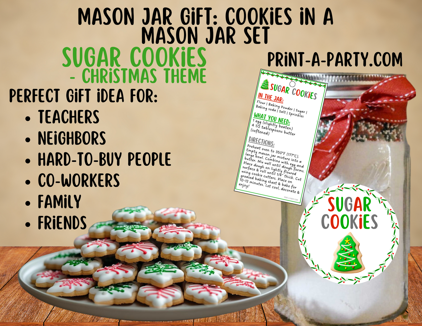MASON JAR GIFT: Sugar Cookies in a Mason Jar Printable Kit - perfect holiday gift idea for family friends coworkers neighbors