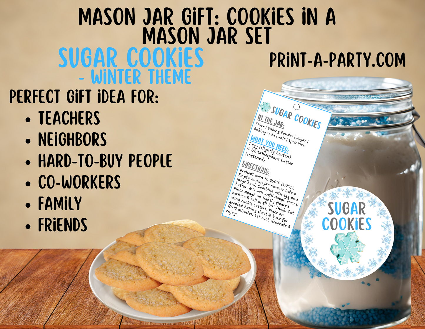 MASON JAR COOKIE GIFT: Sugar Cookies in a Mason Jar | Cookies in a jar gift | Mason Jar Gift Kit | Winter Theme Sugar Cookies Mason Jar