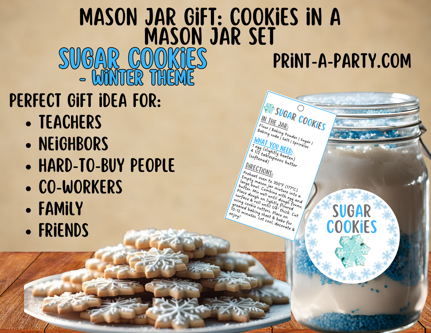 MASON JAR COOKIE GIFT: Sugar Cookies in a Mason Jar Printable Kit - Winter-themed - perfect holiday gift idea for family friends coworkers neighbors