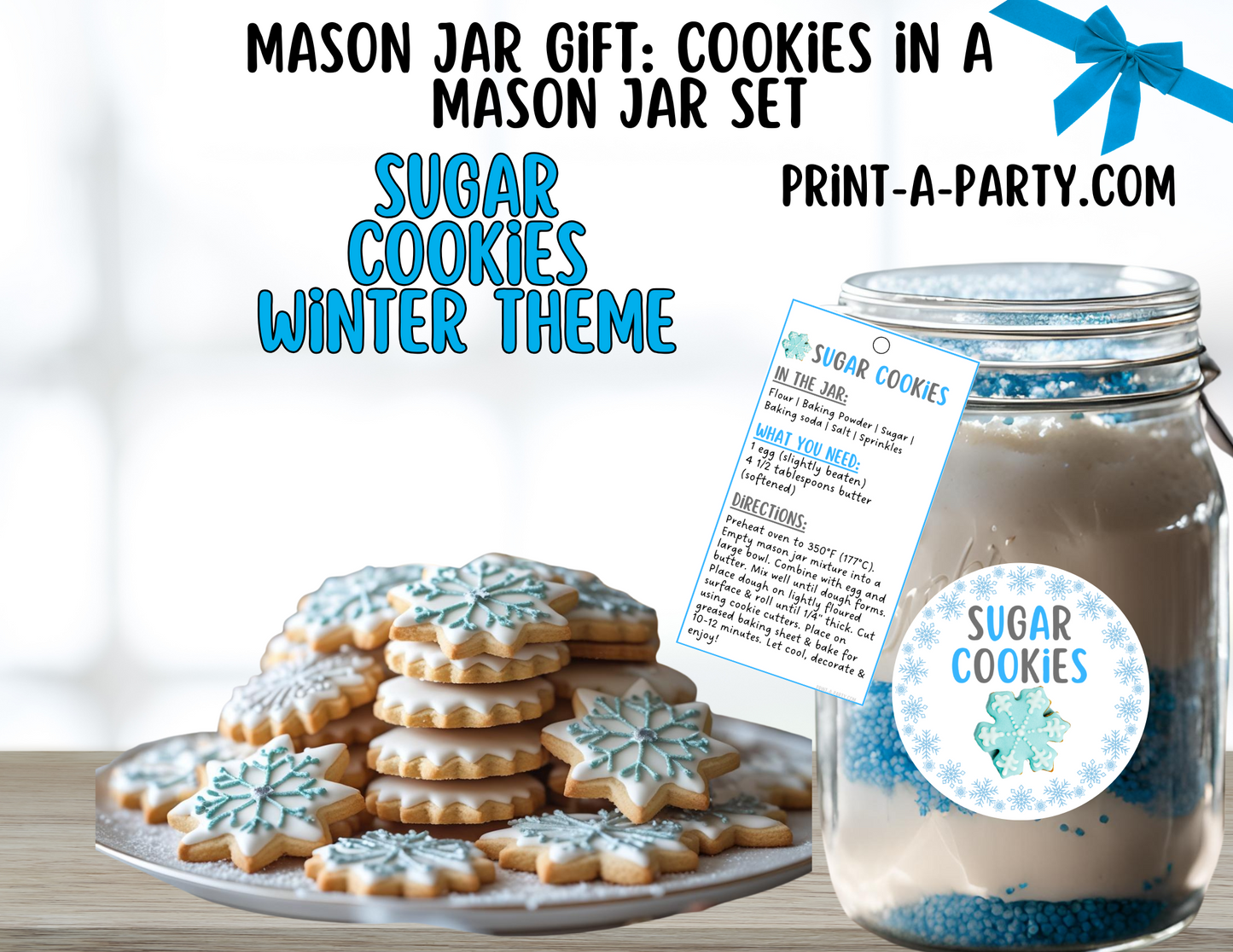 MASON JAR COOKIE GIFT: Sugar Cookies in a Mason Jar Printable Kit - Winter-themed - perfect holiday gift idea for family friends coworkers neighbors