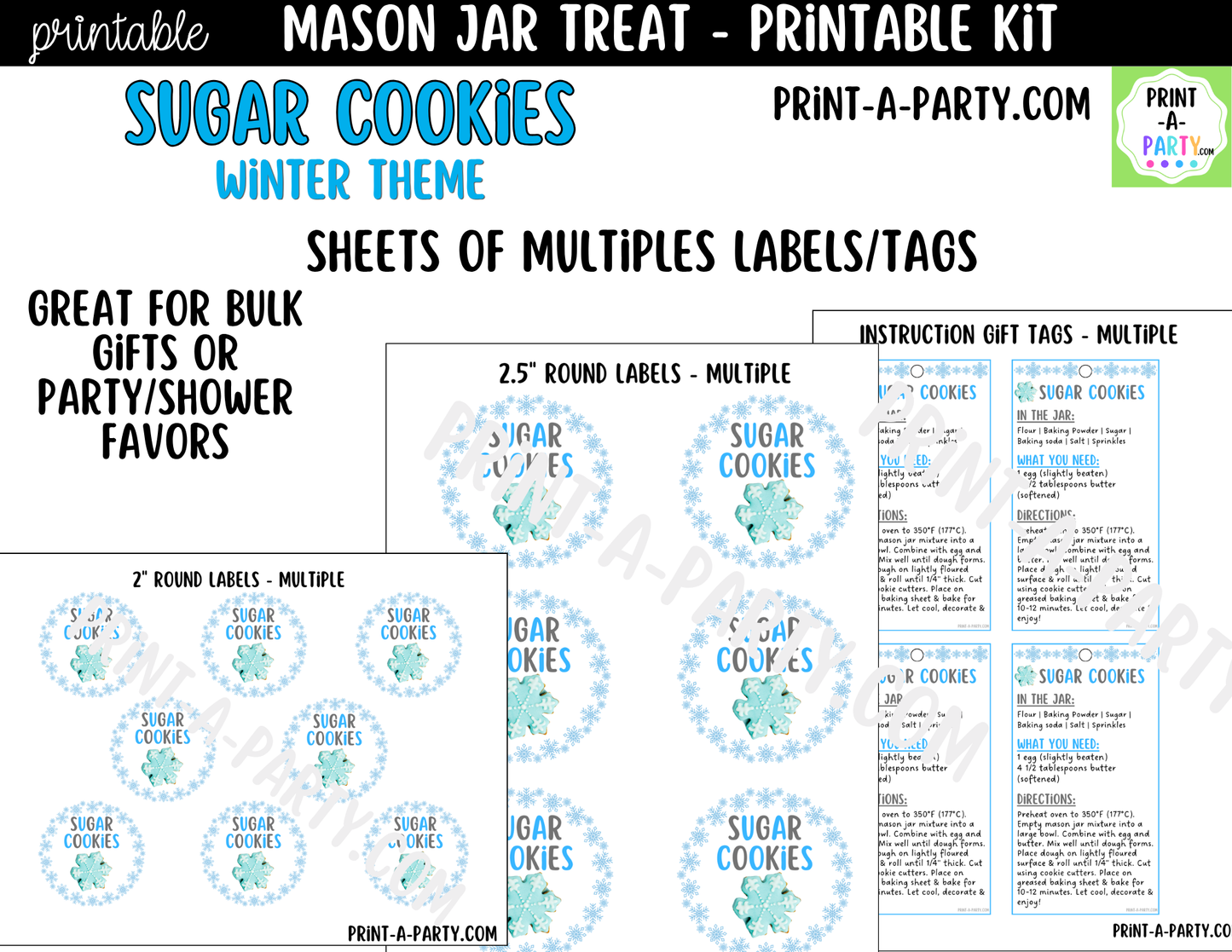 Sugar Cookies (winter) in a Mason Jar Gift Printable Kit - Labels, Tag, Recipe & Instructions