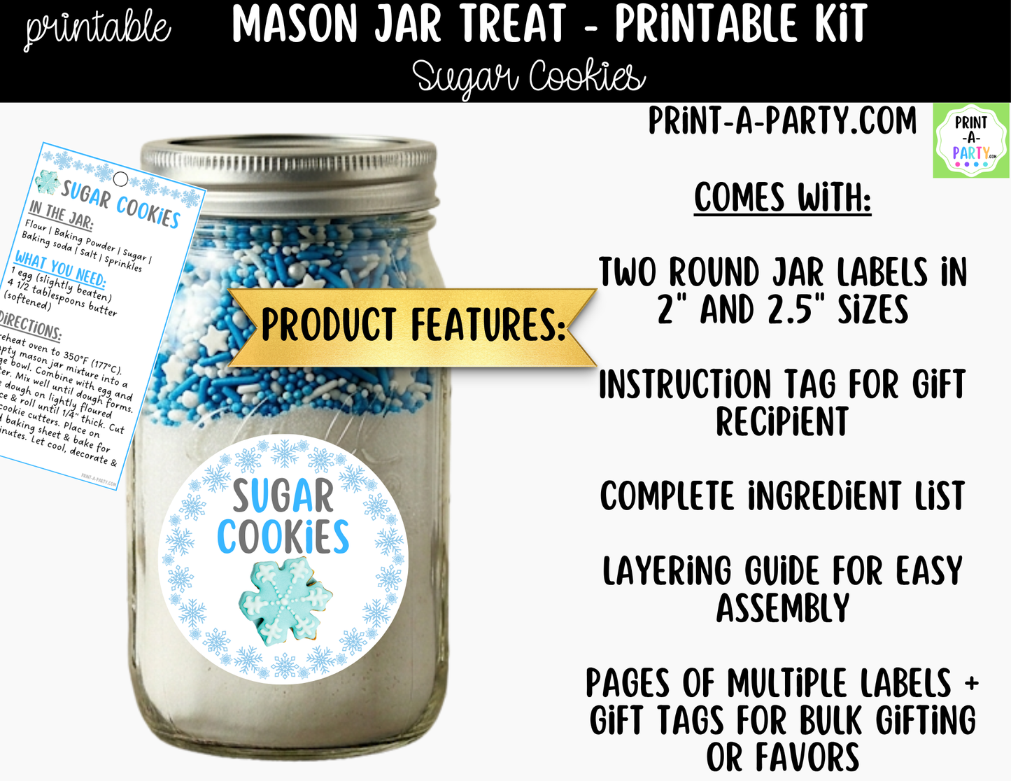 Sugar Cookies (winter) in a Mason Jar Gift Printable Kit - Labels, Tag, Recipe & Instructions