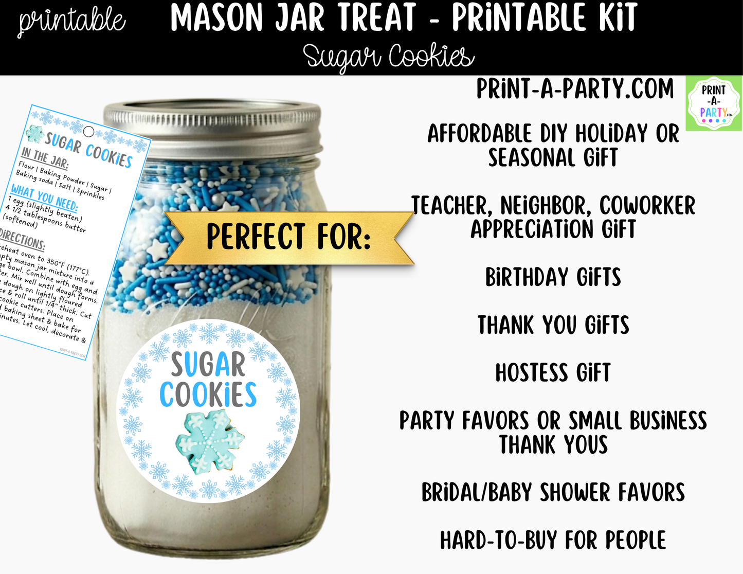 Sugar Cookies (winter) in a Mason Jar Gift Printable Kit - Labels, Tag, Recipe & Instructions