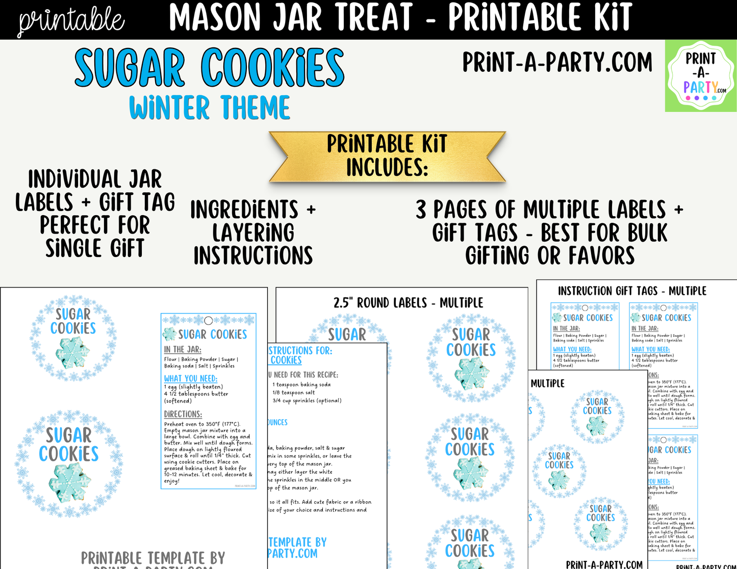 Sugar Cookies (winter) in a Mason Jar Gift Printable Kit - Labels, Tag, Recipe & Instructions