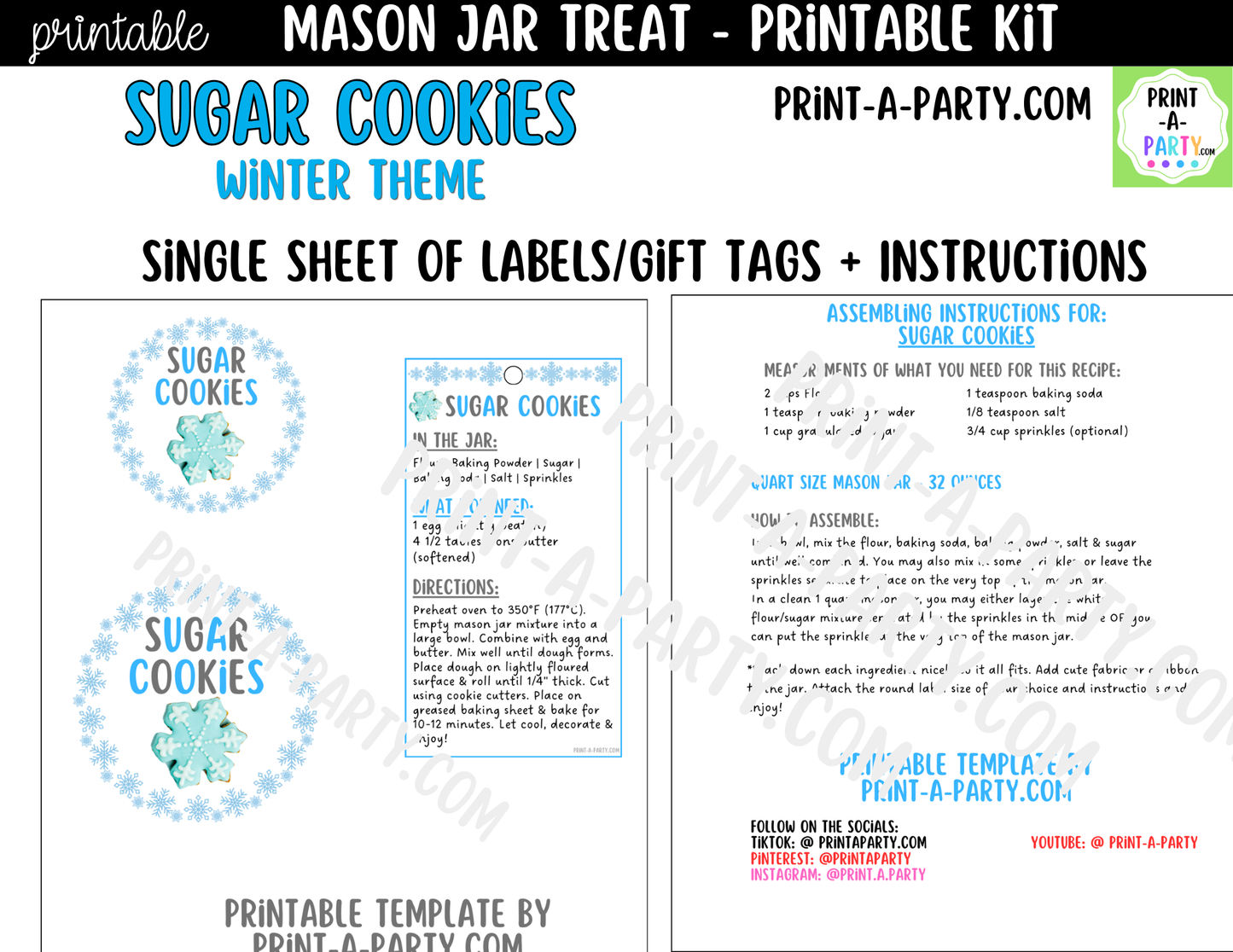 Sugar Cookies (winter) in a Mason Jar Gift Printable Kit - Labels, Tag, Recipe & Instructions