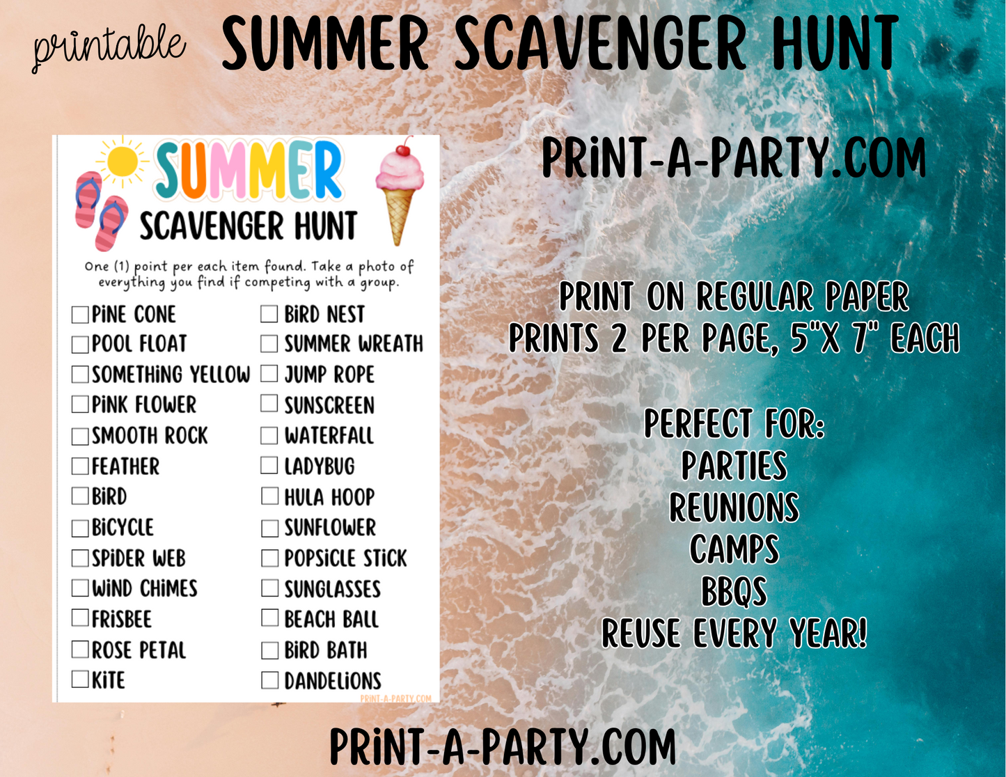 SCAVENGER HUNT GAME: Summer Printable Game - Fun Summer Outdoor Activity for Kids | Instant Download