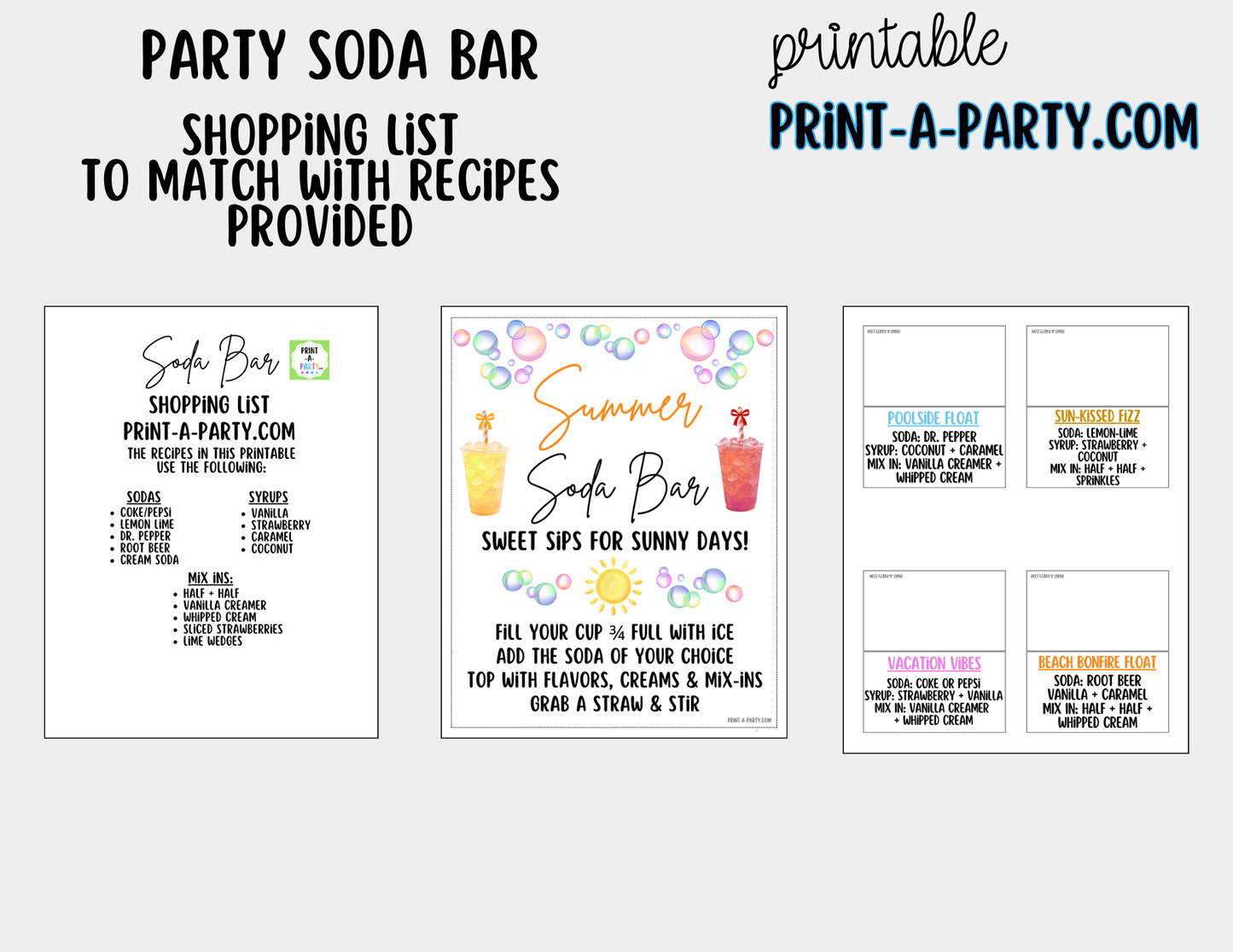 Summer "Dirty" Soda Bar Printable Kit - Sign (8x10) & Recipe Tent Cards (12 recipes!) Drink Station Decor