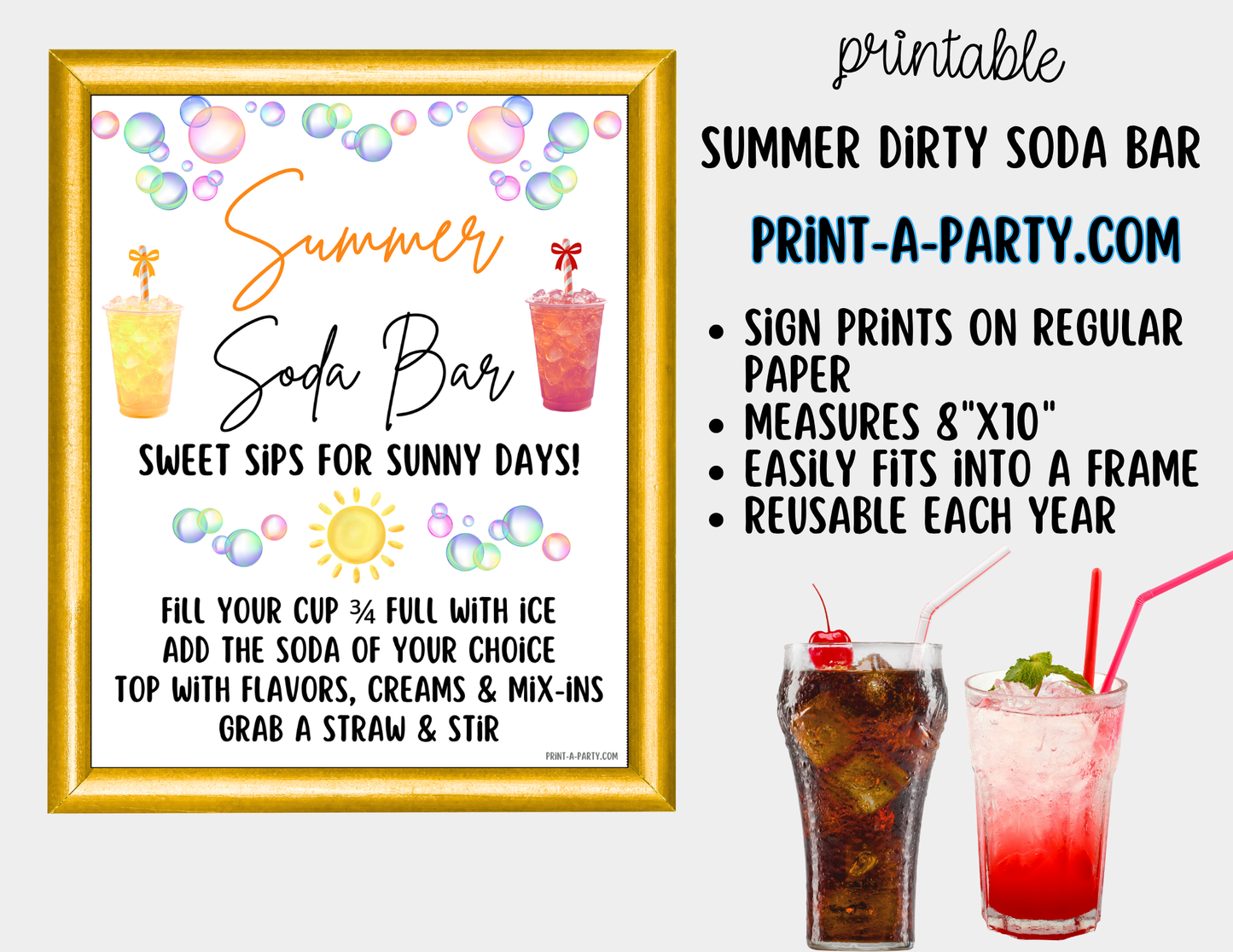 Summer "Dirty" Soda Bar Printable Kit - Sign (8x10) & Recipe Tent Cards (12 recipes!) Drink Station Decor