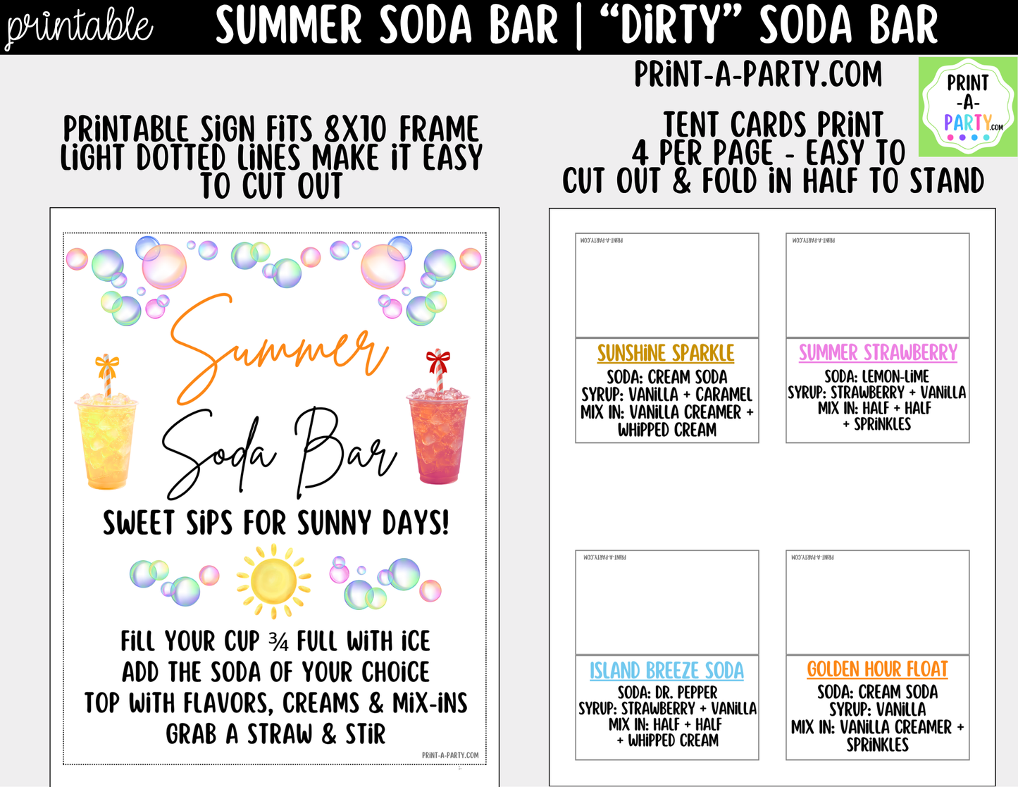 Summer "Dirty" Soda Bar Printable Kit - Sign (8x10) & Recipe Tent Cards (12 recipes!) Drink Station Decor
