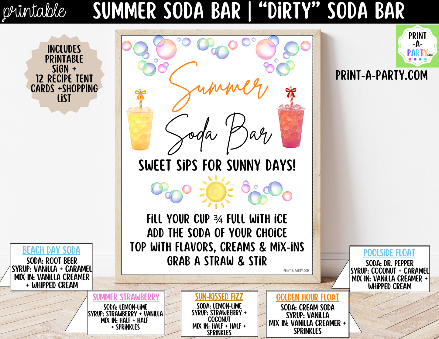 Summer "Dirty" Soda Bar Printable Kit - Sign (8x10) & Recipe Tent Cards (12 recipes!) Drink Station Decor