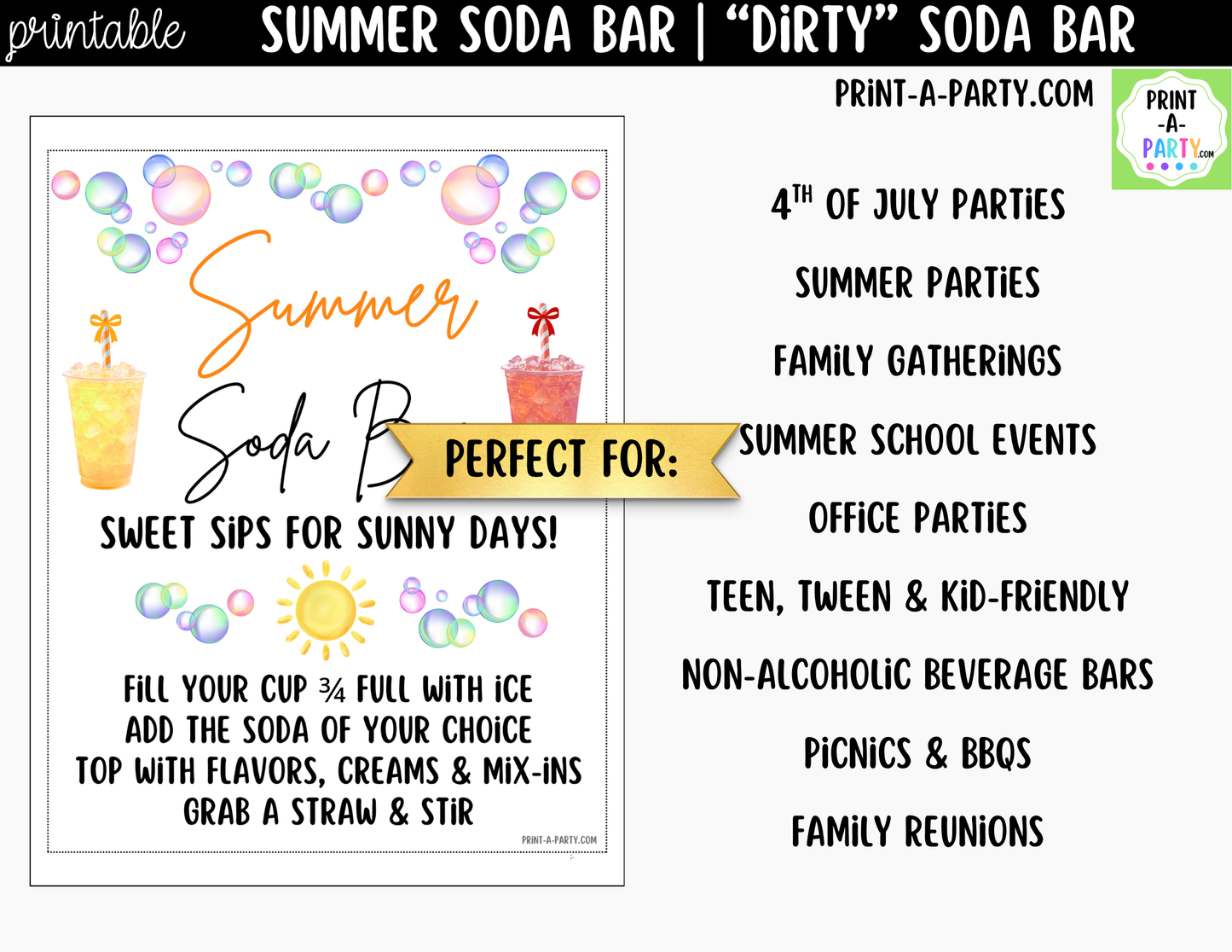 Summer "Dirty" Soda Bar Printable Kit - Sign (8x10) & Recipe Tent Cards (12 recipes!) Drink Station Decor