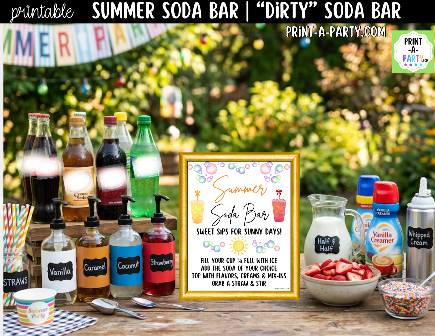 Summer "Dirty" Soda Bar Printable Kit - Sign (8x10) & Recipe Tent Cards (12 recipes!) Drink Station Decor