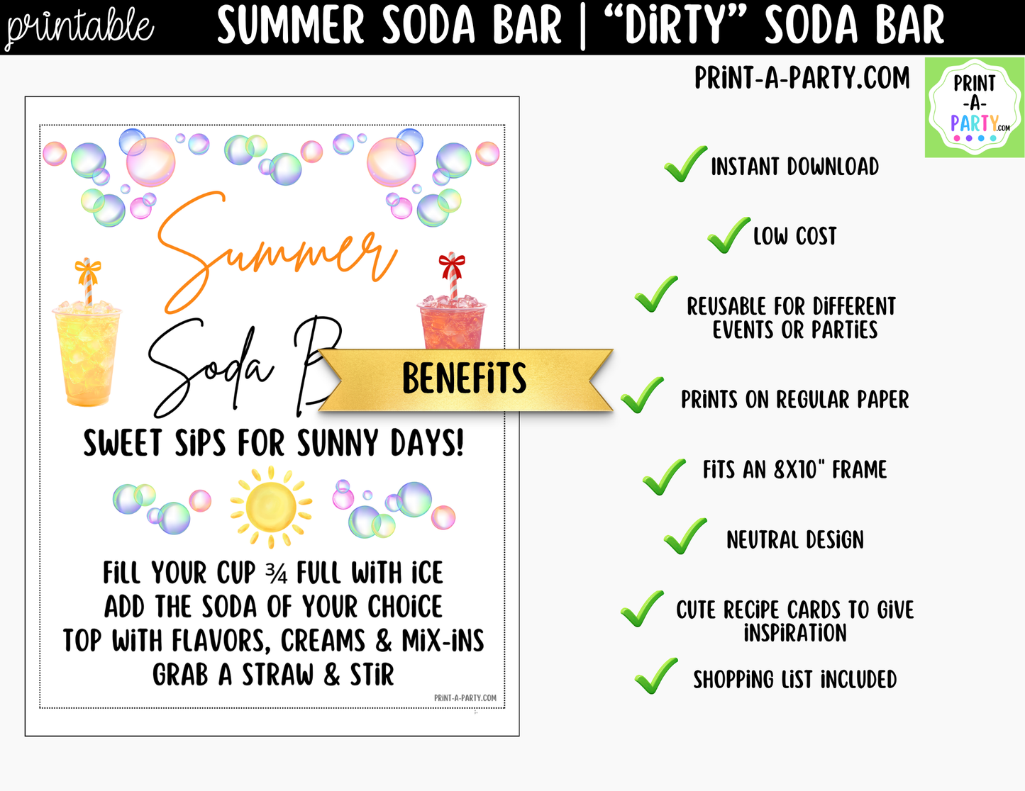 Summer "Dirty" Soda Bar Printable Kit - Sign (8x10) & Recipe Tent Cards (12 recipes!) Drink Station Decor