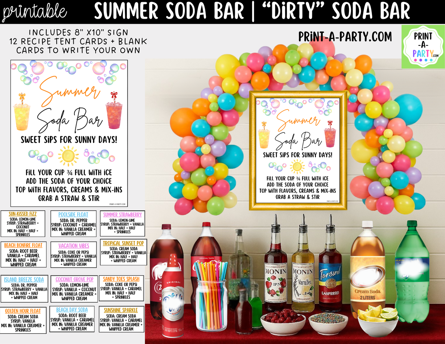 Summer "Dirty" Soda Bar Printable Kit - Sign (8x10) & Recipe Tent Cards (12 recipes!) Drink Station Decor