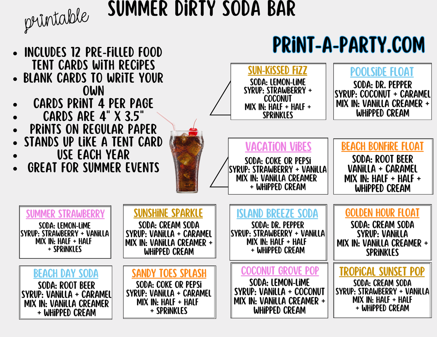 Summer "Dirty" Soda Bar Printable Kit - Sign (8x10) & Recipe Tent Cards (12 recipes!) Drink Station Decor