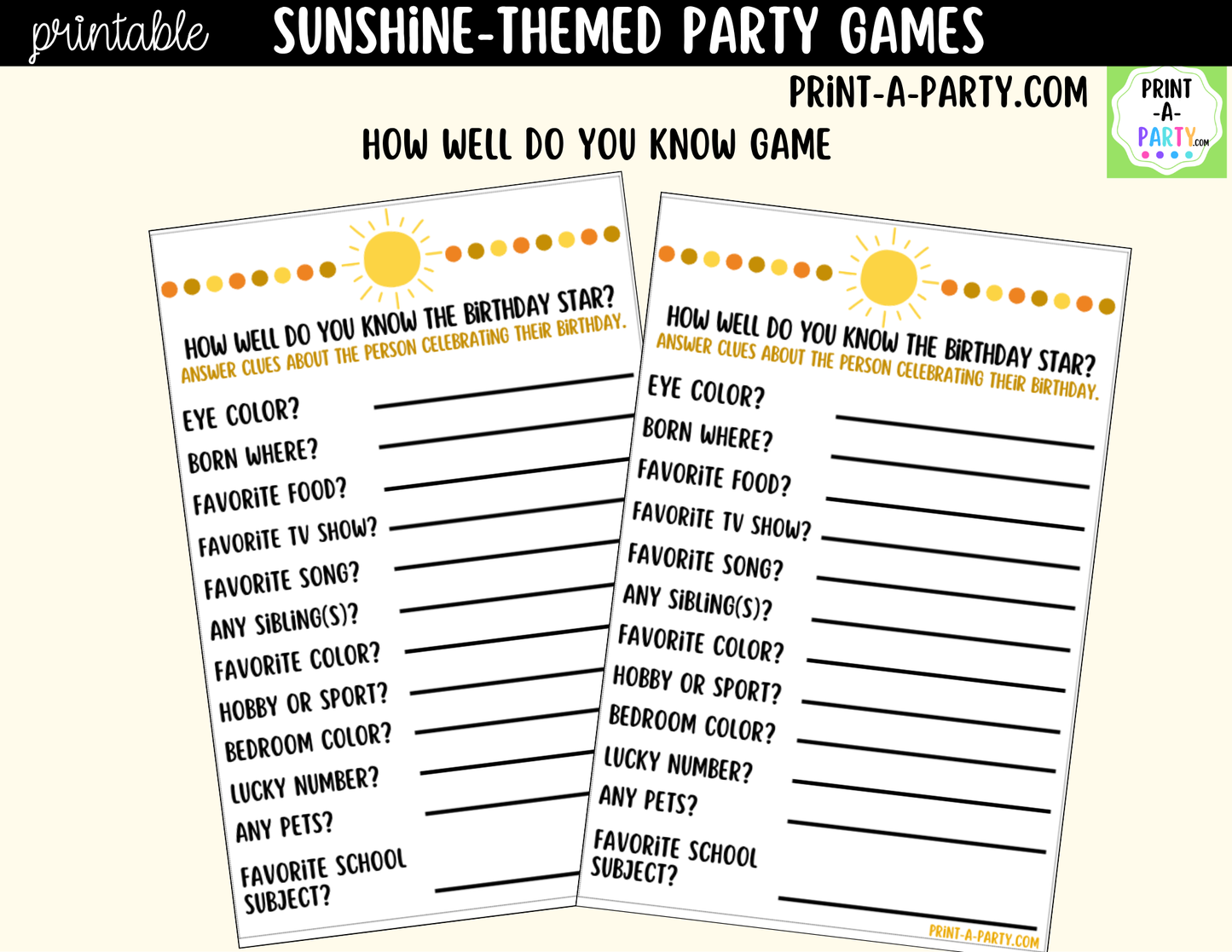 Sunshine Birthday Party Games Printable | Fun in the Sun Party Activities | Teen & Tween Birthday Games
