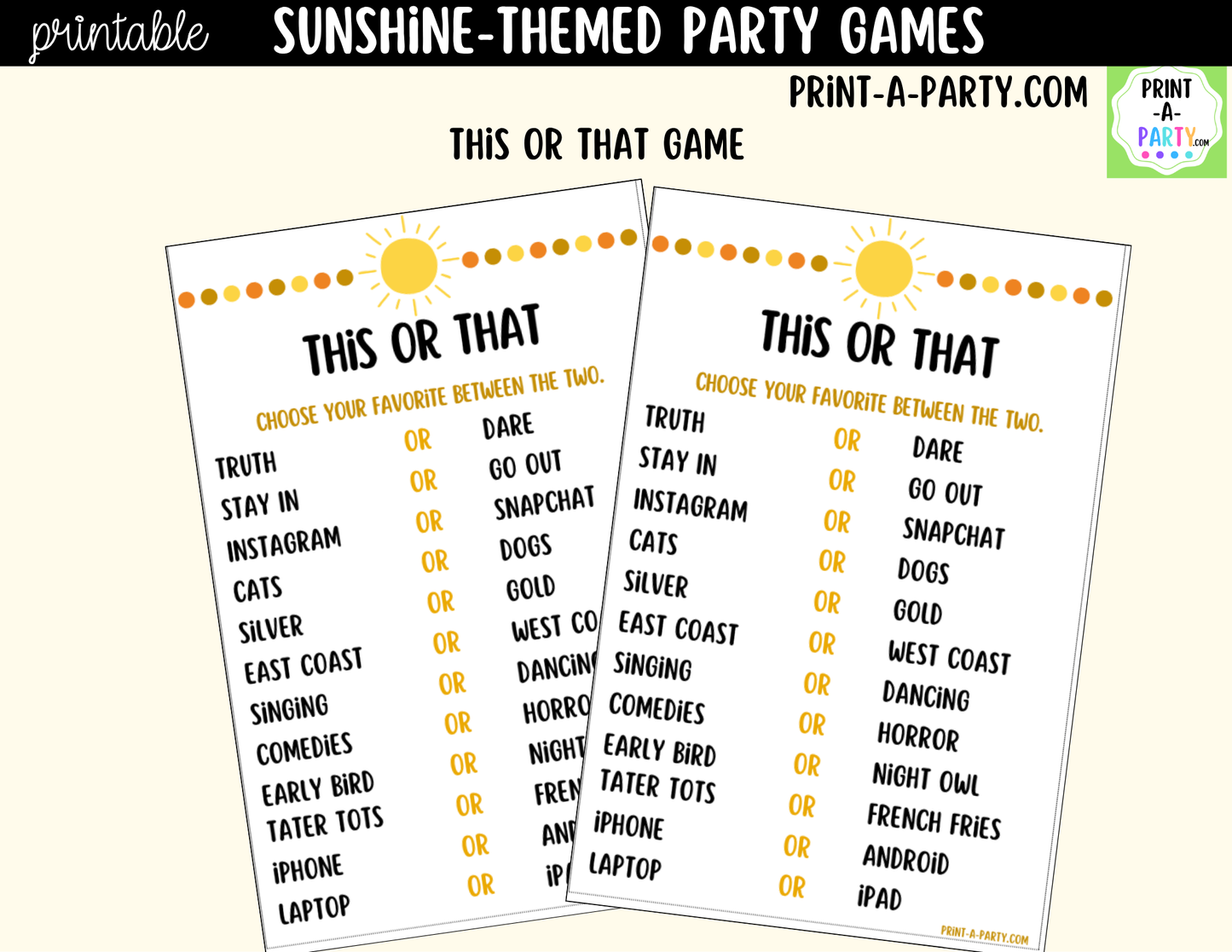Sunshine Birthday Party Games Printable | Fun in the Sun Party Activities | Teen & Tween Birthday Games