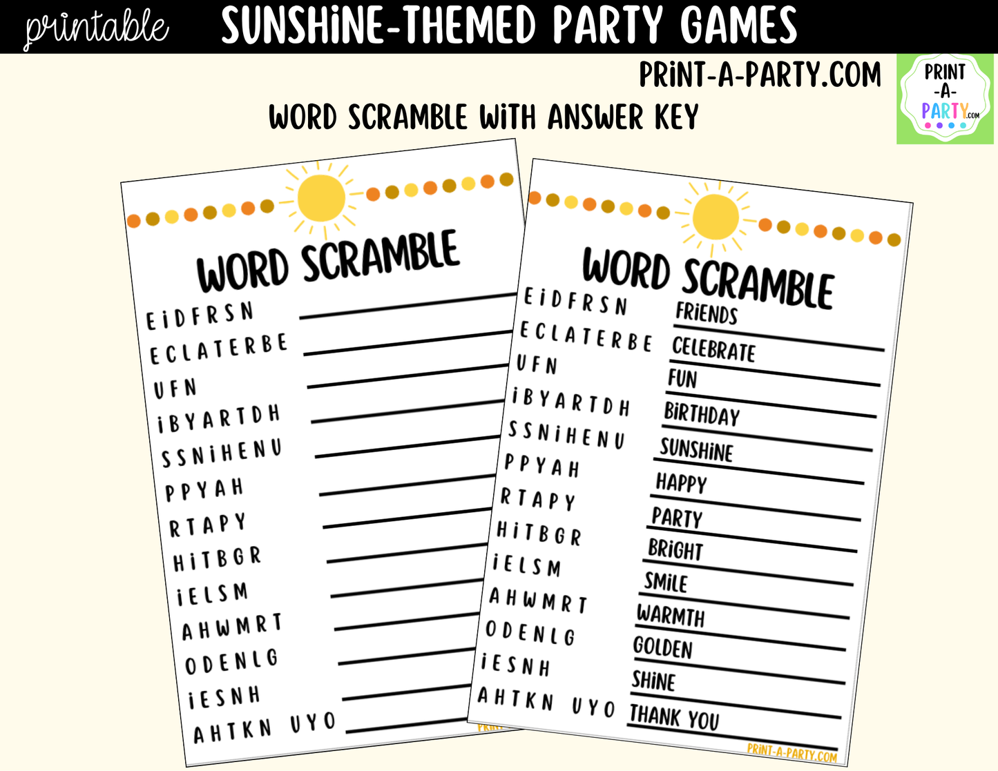 Sunshine Birthday Party Games Printable | Fun in the Sun Party Activities | Teen & Tween Birthday Games