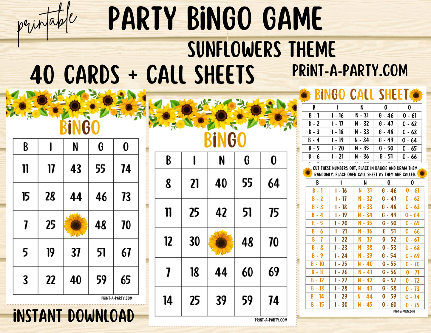 BINGO: Sunflowers | Classrooms | Parties | Birthday | Baby or Bridal Shower | 30, 40, or 50 cards - INSTANT DOWNLOAD