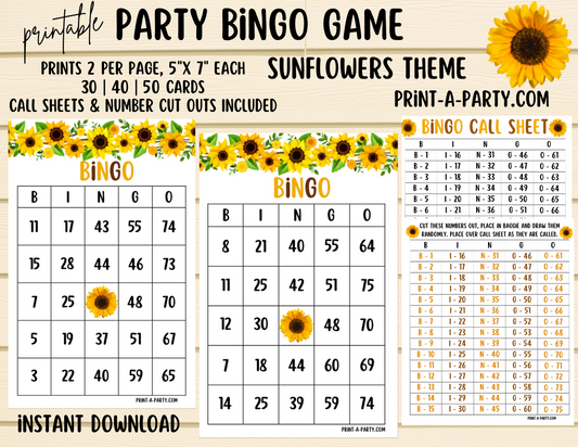 BINGO: Sunflowers | Classrooms | Parties | Birthday | Baby or Bridal Shower | 30, 40, or 50 cards - INSTANT DOWNLOAD