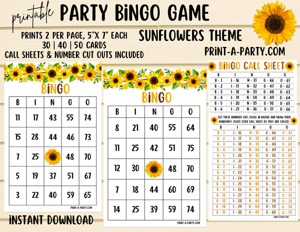 BINGO: Sunflowers | Classrooms | Parties | Birthday | Baby or Bridal Shower | 30, 40, or 50 cards - INSTANT DOWNLOAD