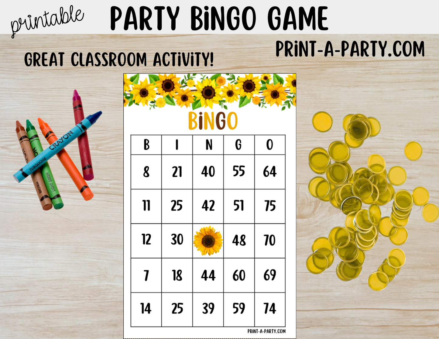 BINGO: Printable Sunflower Bingo Game – Fun Party & Classroom Activity 5 x 7" cards PDF