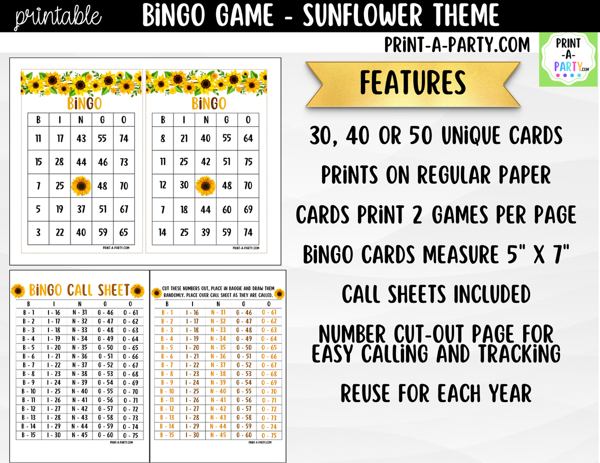 Sunflower Bingo Printable | Number Party Game