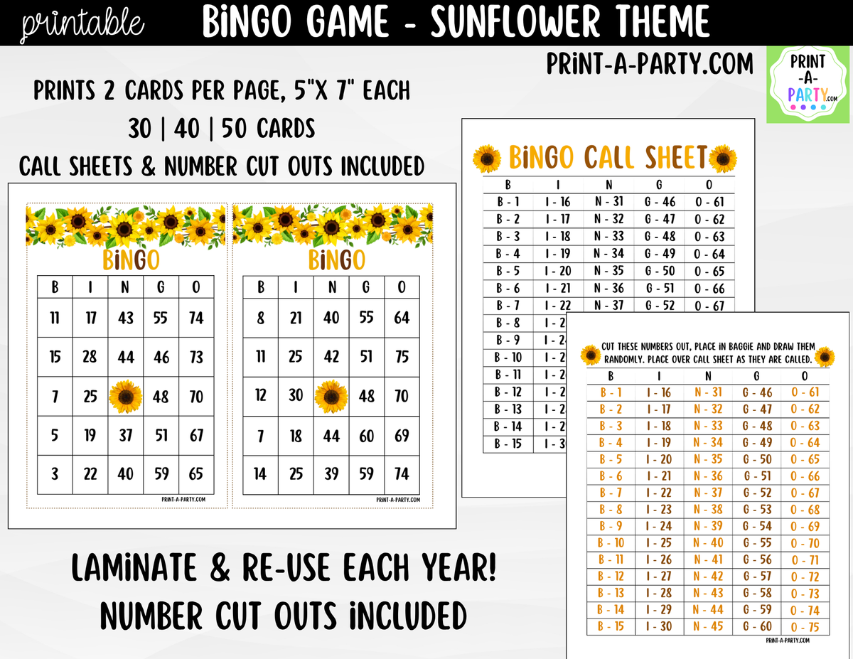 Sunflower Bingo Printable | Number Party Game