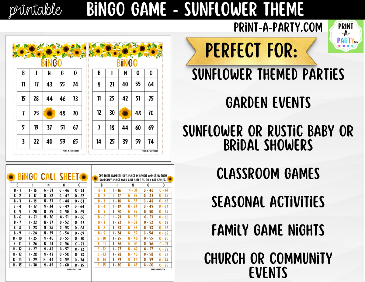 Sunflower Bingo Printable | Number Party Game