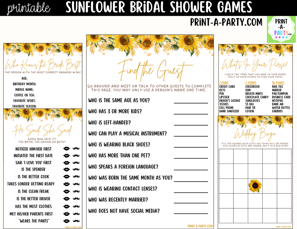 Sunflower Bridal Shower Games Printable