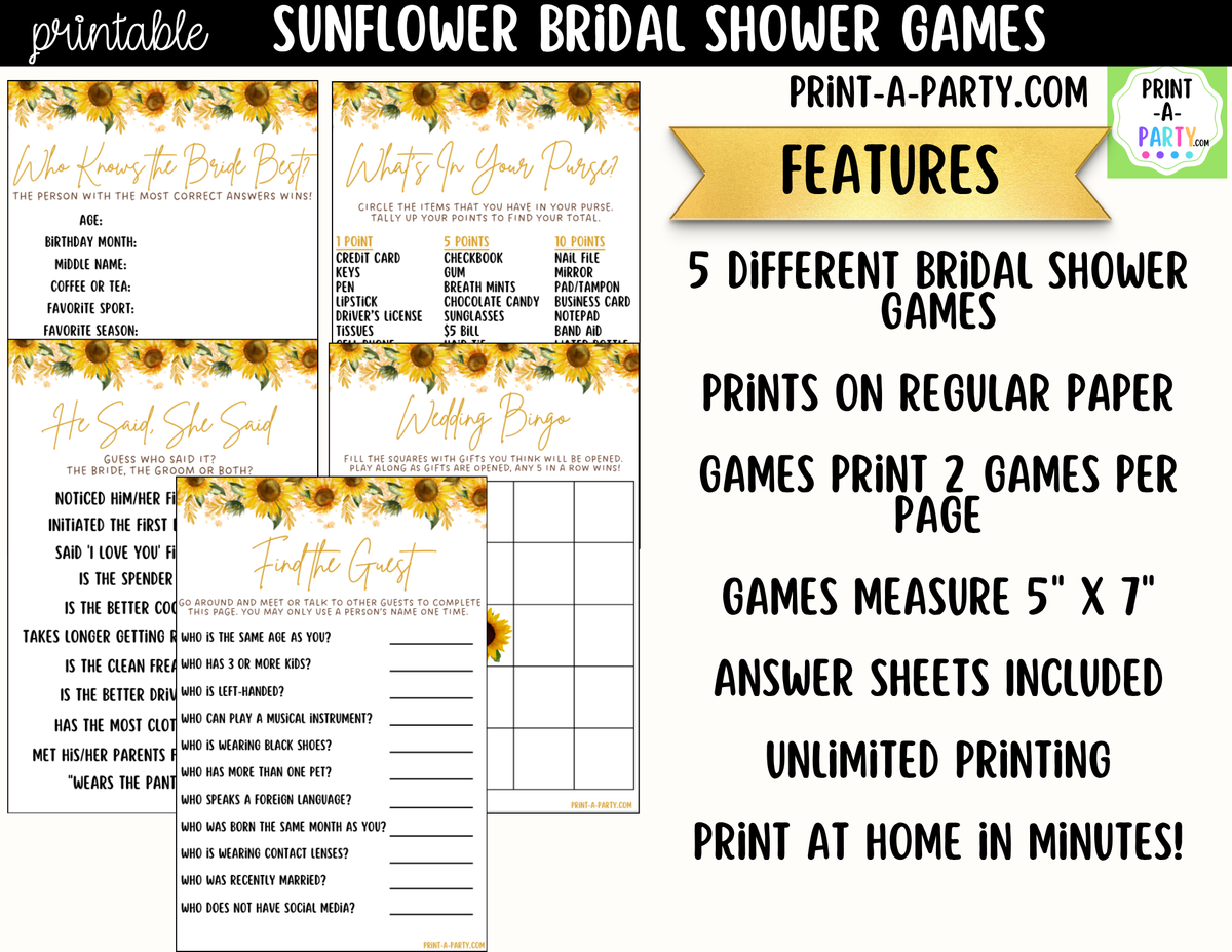 Sunflower Bridal Shower Games Printable
