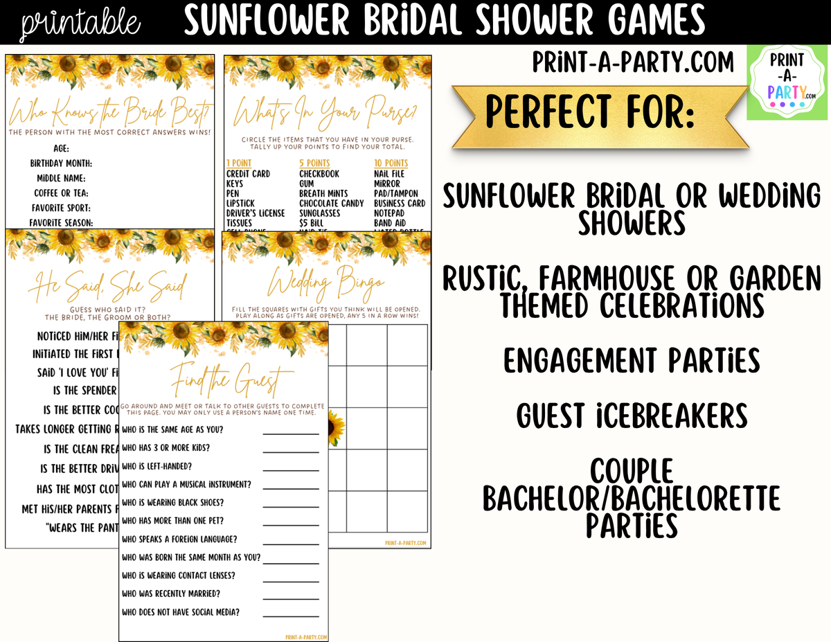 Sunflower Bridal Shower Games Printable