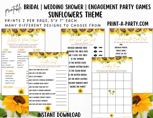 GAME BUNDLE: Bridal Wedding Shower Engagement Party Game Bundle | Sunflower Wedding | Sunflower Wedding Theme | Printable