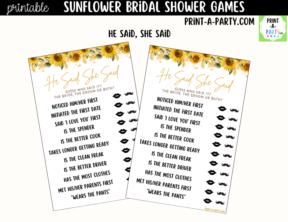 Sunflower Bridal Shower Games Printable