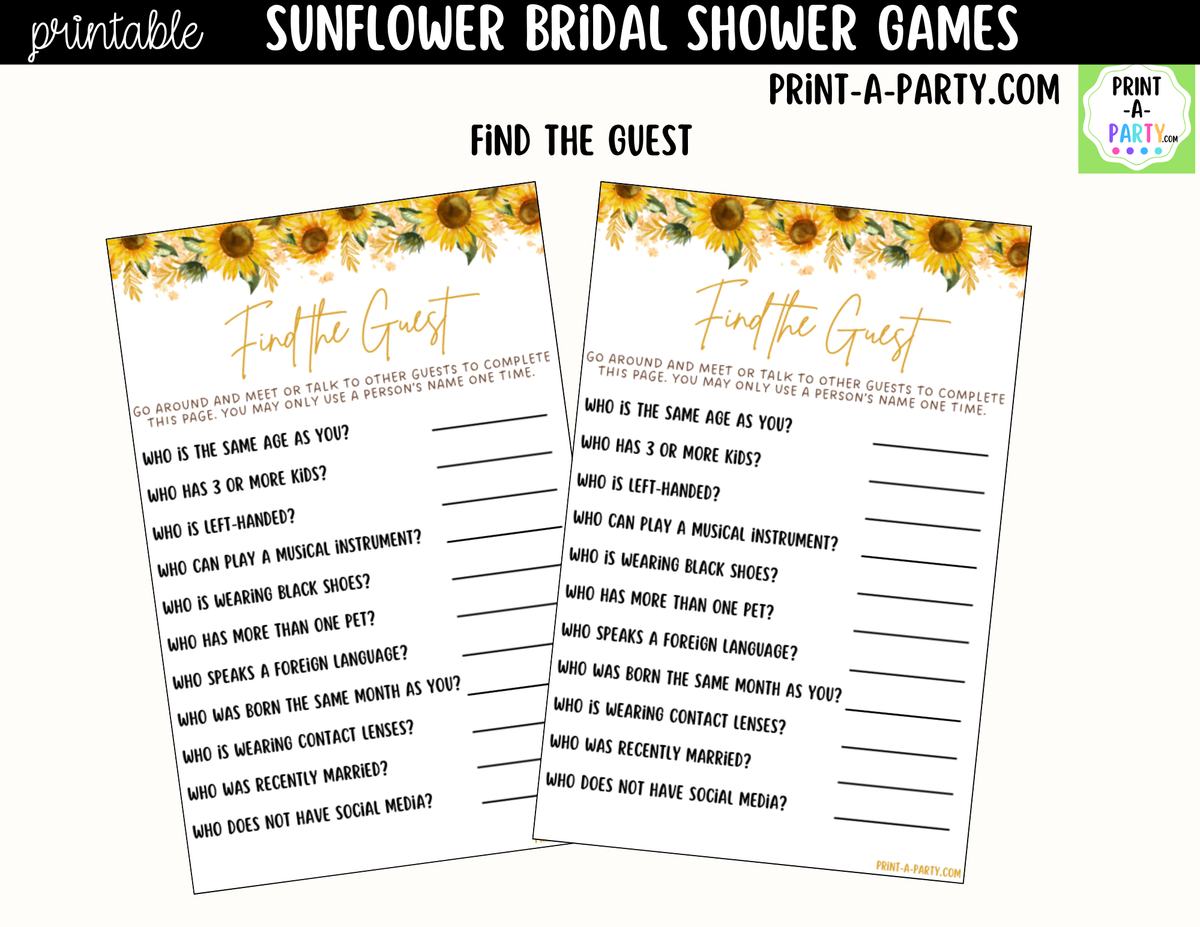 Sunflower Bridal Shower Games Printable