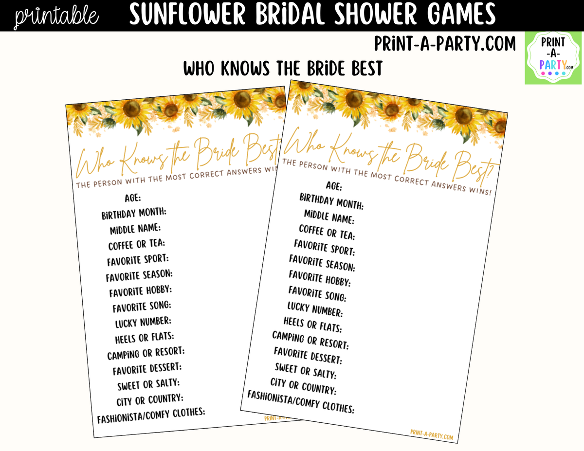 Sunflower Bridal Shower Games Printable