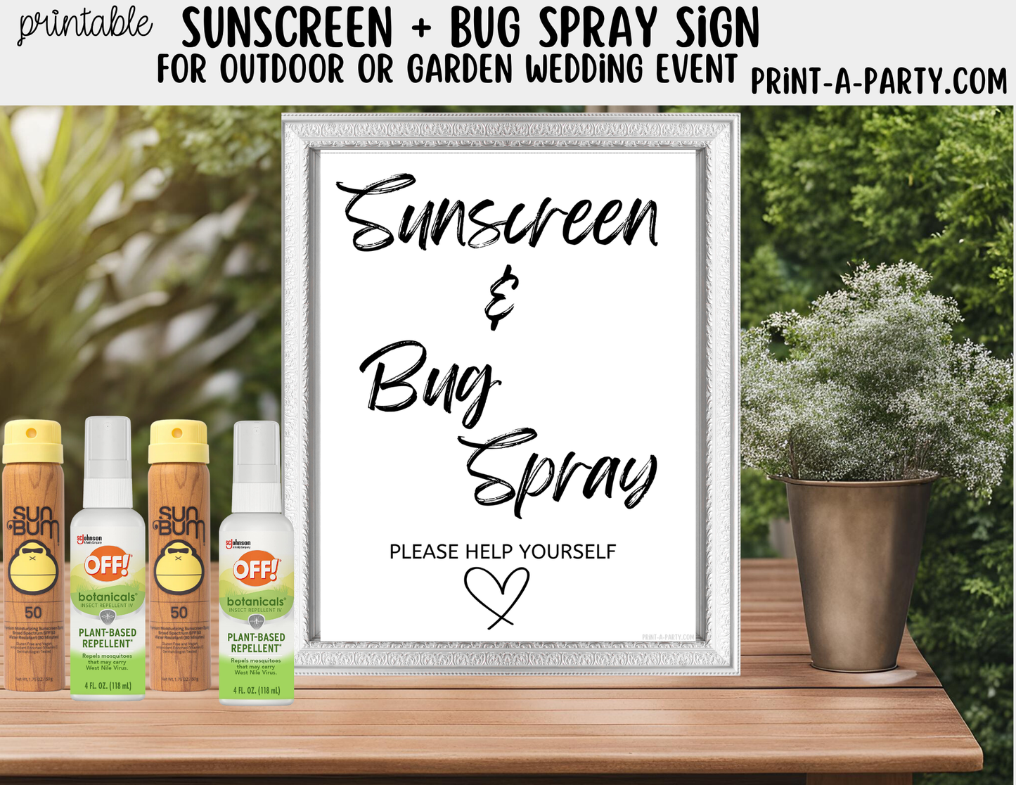 Printable Sunscreen Bug Spray Sign (8x10) - Outdoor or Garden Wedding Shower Decor - Instant PDF Download
