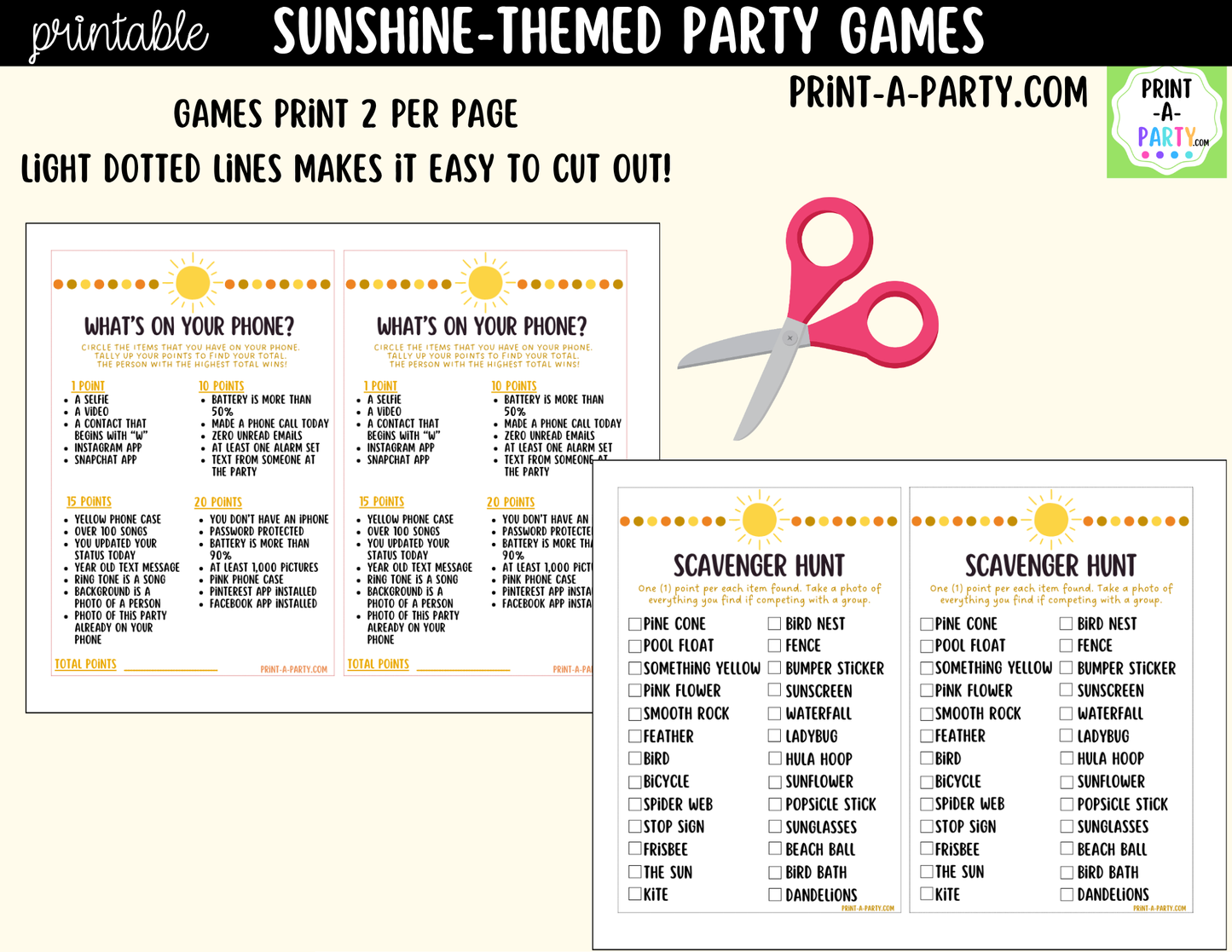 Sunshine Birthday Party Games Printable | Fun in the Sun Party Activities | Teen & Tween Birthday Games