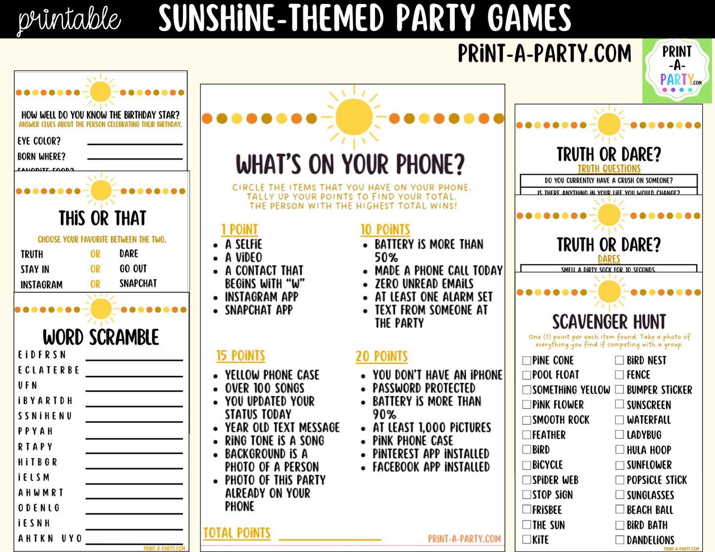 Sunshine Birthday Party Games Printable | Fun in the Sun Party Activities | Teen & Tween Birthday Games