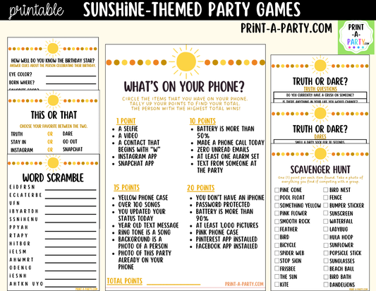 Sunshine Birthday Party Games Printable | Fun in the Sun Party Activities | Teen & Tween Birthday Games