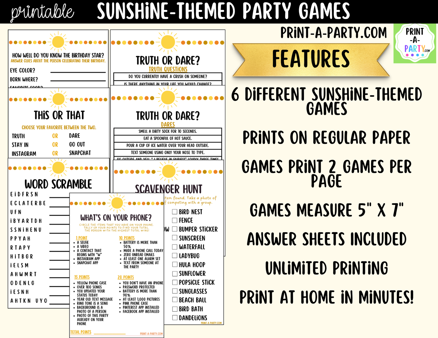 Sunshine Birthday Party Games Printable | Fun in the Sun Party Activities | Teen & Tween Birthday Games