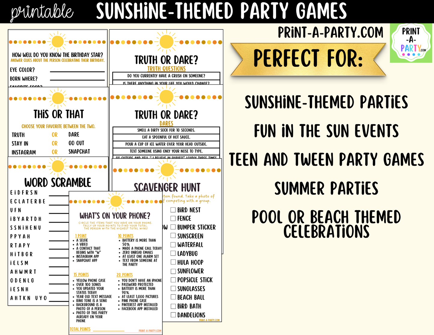 Sunshine Birthday Party Games Printable | Fun in the Sun Party Activities | Teen & Tween Birthday Games