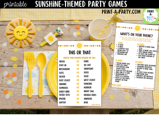 Sunshine Birthday Party Games Printable | Fun in the Sun Party Activities | Teen & Tween Birthday Games