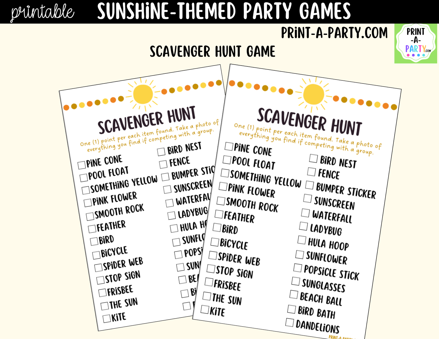 Sunshine Birthday Party Games Printable | Fun in the Sun Party Activities | Teen & Tween Birthday Games