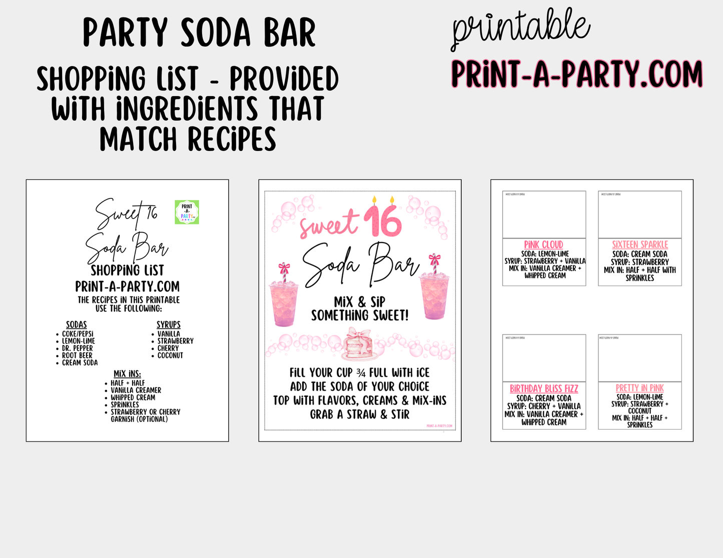 Sweet 16 Soda Bar Kit - Dirty Soda Sign (8x10) & Recipe Tent Cards (12 recipes!)