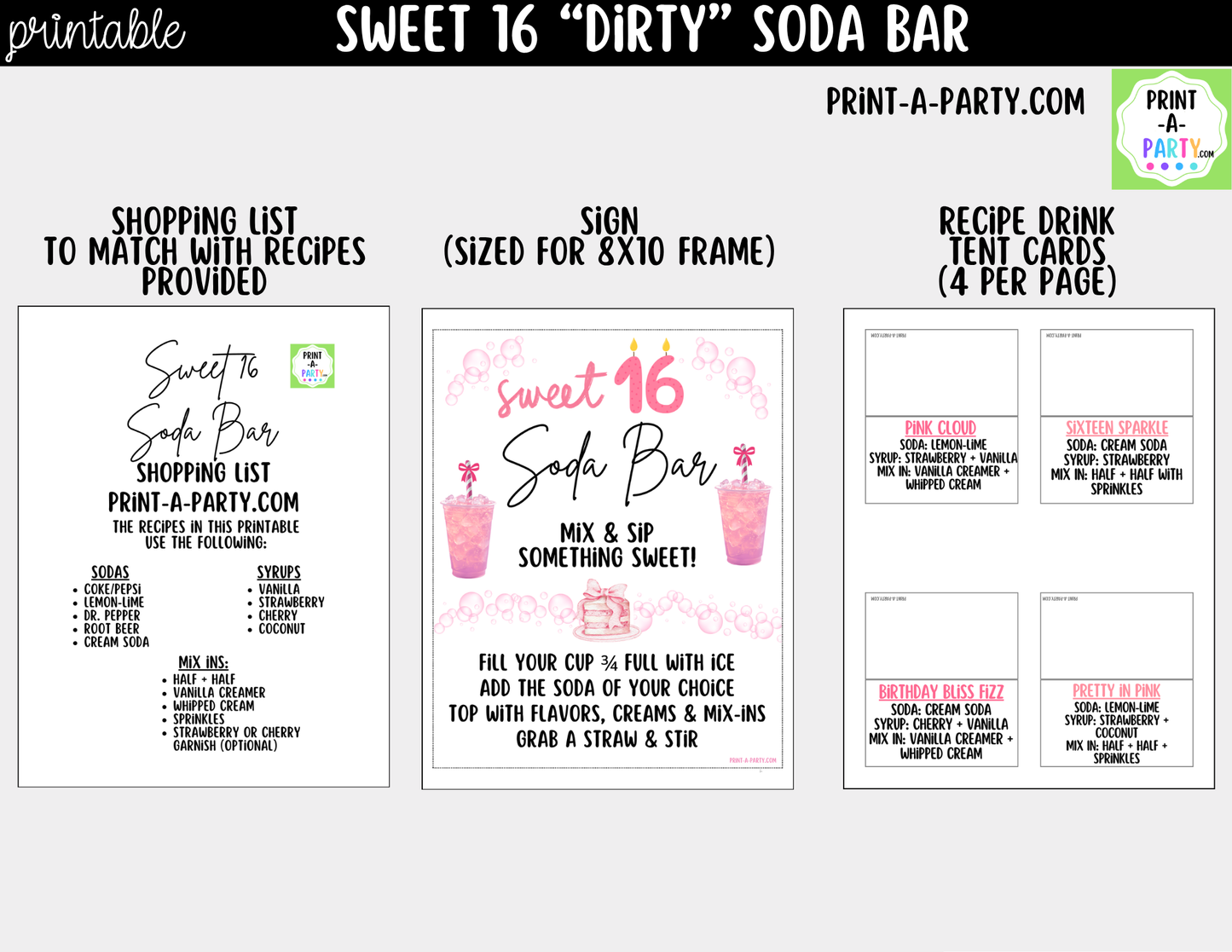 Sweet 16 Soda Bar Kit - Dirty Soda Sign (8x10), Recipe Tent Cards (12 recipes!) + Shopping list