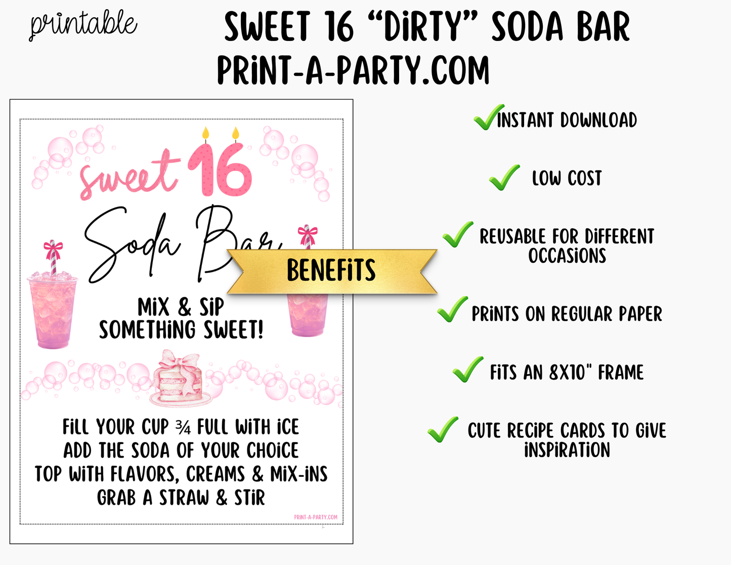 Sweet 16 Soda Bar Kit - Dirty Soda Sign (8x10) & Recipe Tent Cards (12 recipes!)