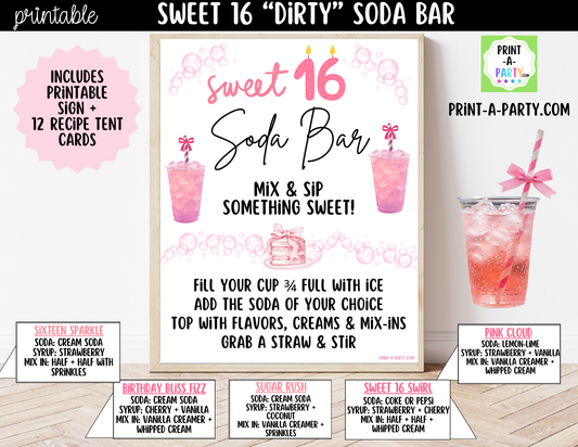 Sweet 16 Soda Bar Kit - Dirty Soda Sign (8x10) & Recipe Tent Cards (12 recipes!)