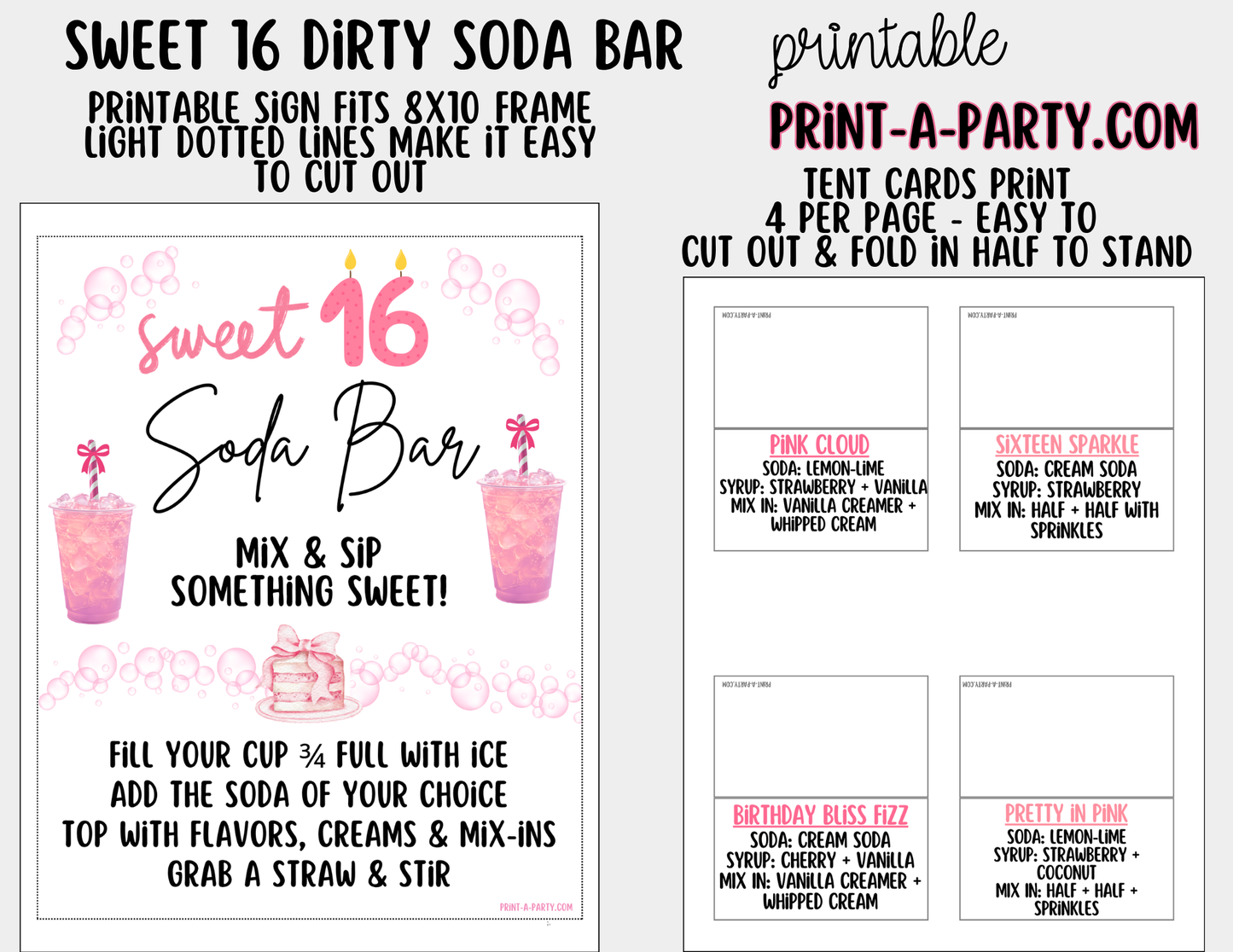 Sweet 16 Soda Bar Kit - Dirty Soda Sign (8x10) & Recipe Tent Cards (12 recipes!)